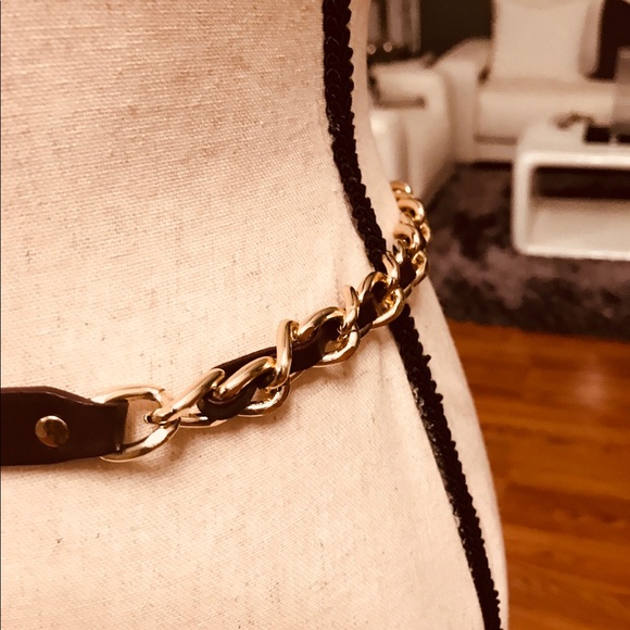 Women Brown Gold Chain Skinny Belt - Picture 3 of 6